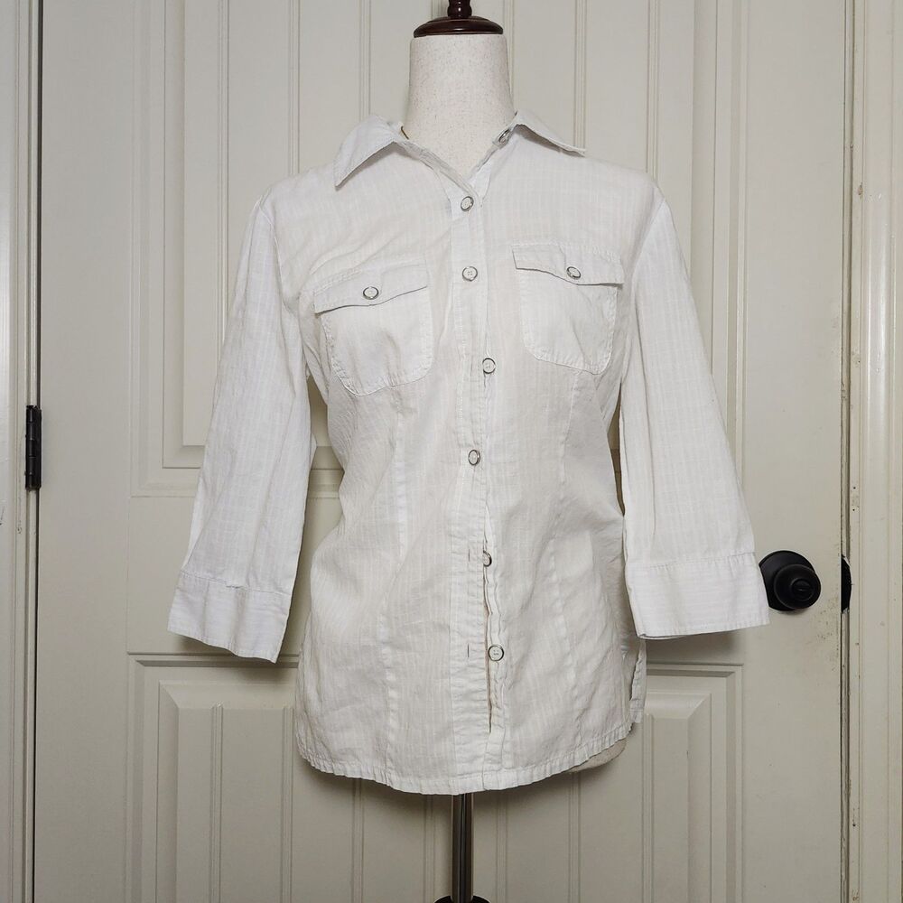 Karen Scott 100% Cotton White Collared Button-Up 3/4 Sleeve Size S